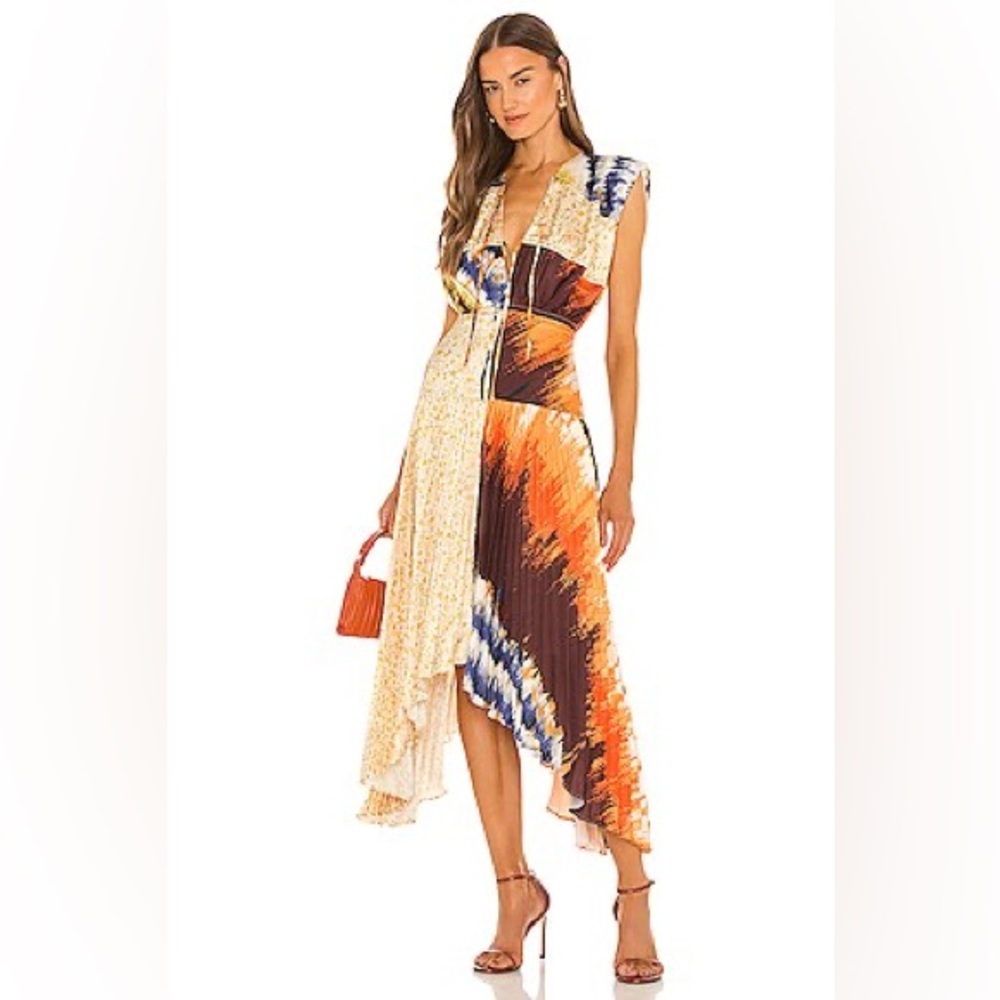 AMUR Milan Pleated Midi Dress in Terra Cotta Tie Dye Stripe
